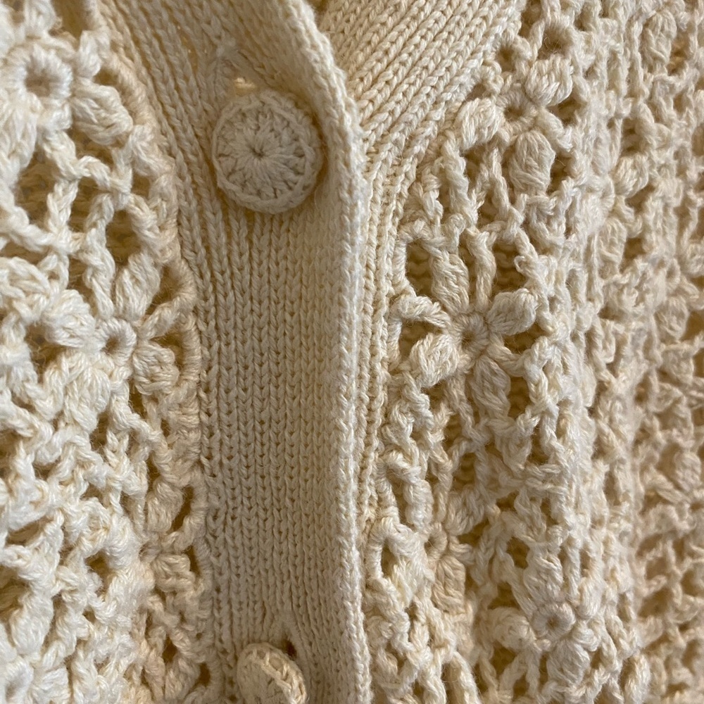 Vintage 90s cream cotton floral crochet knit cardigan open weave cardigan Boho - Picture 9 of 9